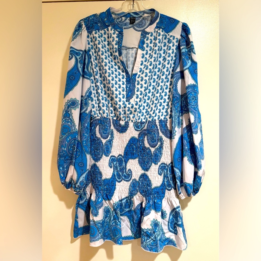 SHEIN Blue and Cream Paisley Dress